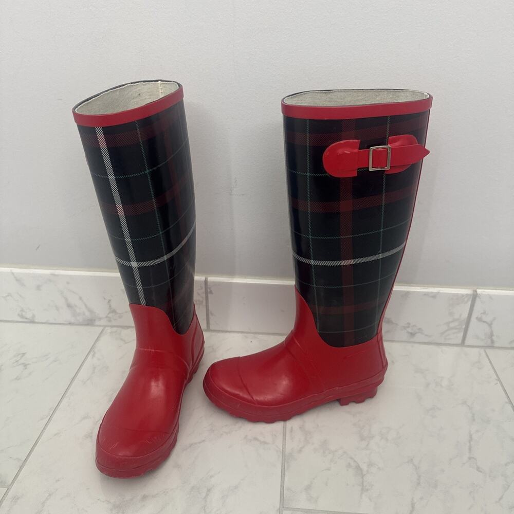 Talbots Boots Women's Red Plaid Mid-Calf Rain Boots Size 7